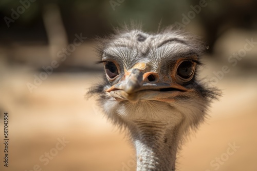 The ostrich's head looks forward with a shallow depth of field. Generative AI
