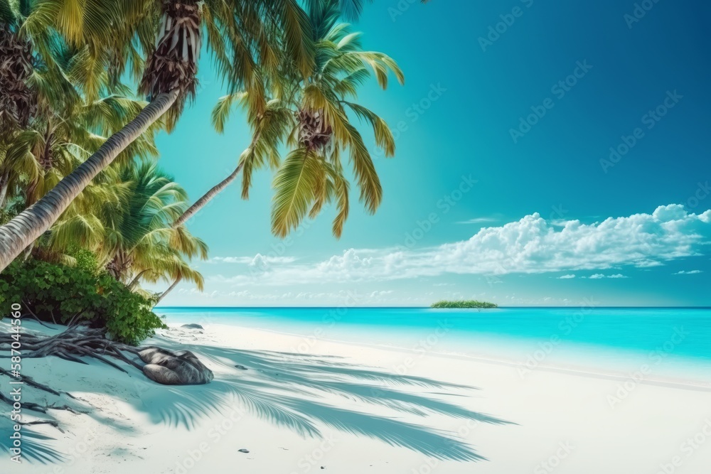 Beautiful tropical beach banner White sand and coco palms travel tourism wide panorama background concept Amazing beach landscape. Generative ai