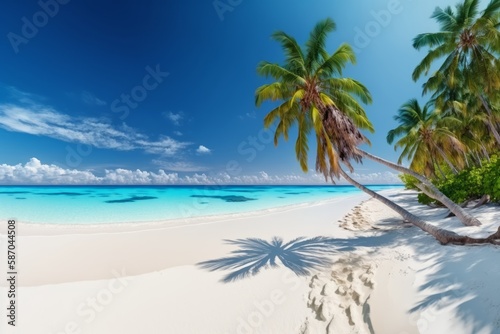 Beautiful tropical beach banner White sand and coco palms travel tourism wide panorama background concept Amazing beach landscape. Generative ai © pham