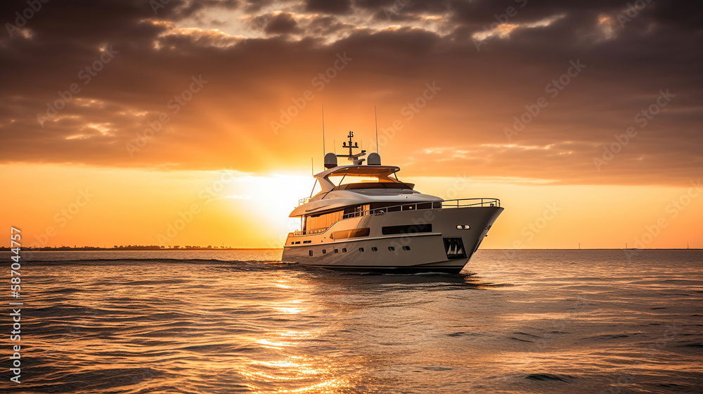 Luxury motor yacht on the ocean at sunset. Generative Ai