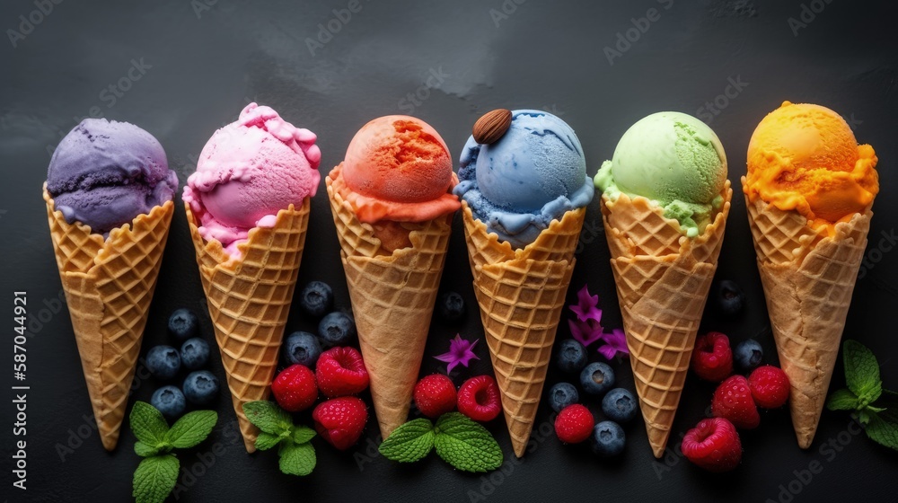 Assorted Ice Cream Flavors on Dark Stone Background for Summer and ...