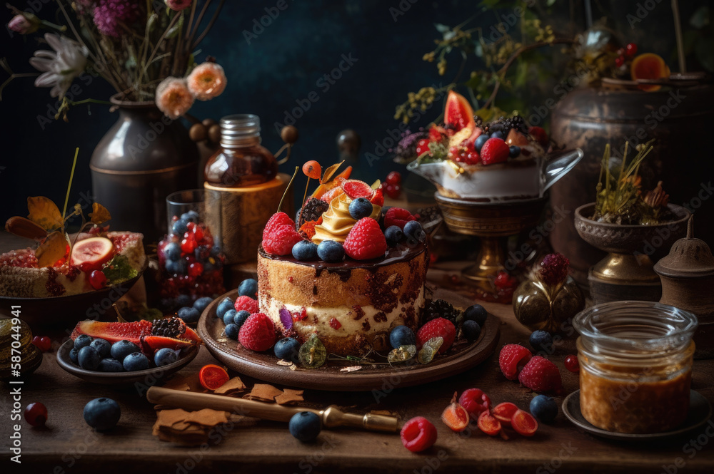 A whimsical dessert display featuring an assortment of delectable pastries, cakes, and confections, adorned with fresh berries and edible gold leaf accents.