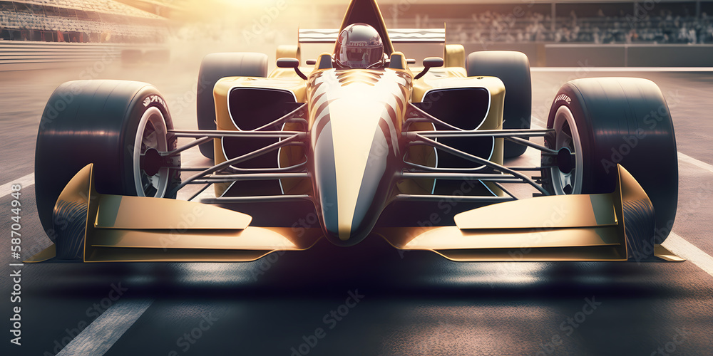 Naklejka premium Amazing Motorsport Banner. High speed move Race car formula for competitions on track, sun light. Generation AI