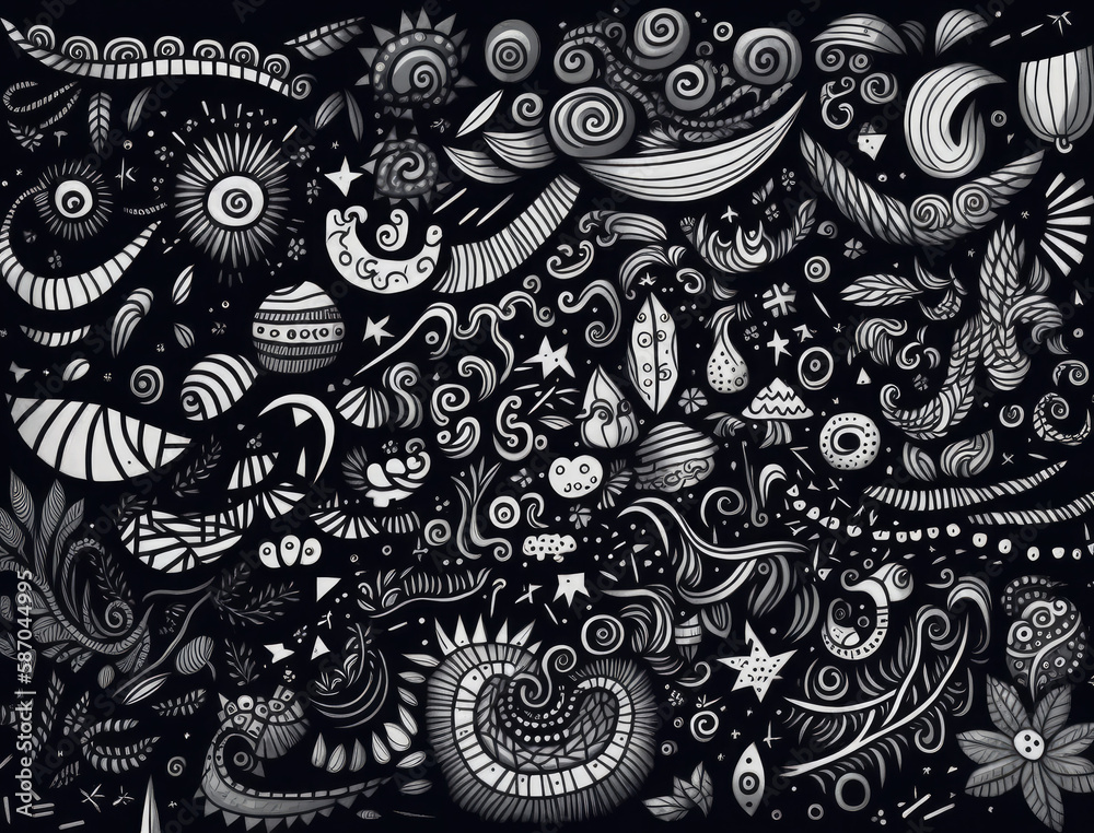 Paisley black and white doodle pattern. Generative AI Paisley black and white doodle pattern. Generative AI