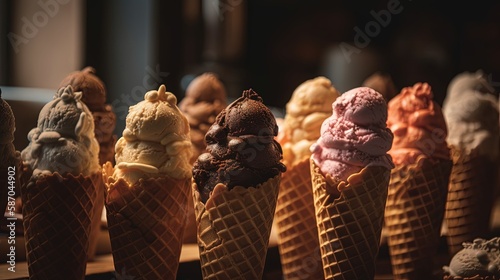 Set of various ice cream scoops in waffle cones. Generative AI.