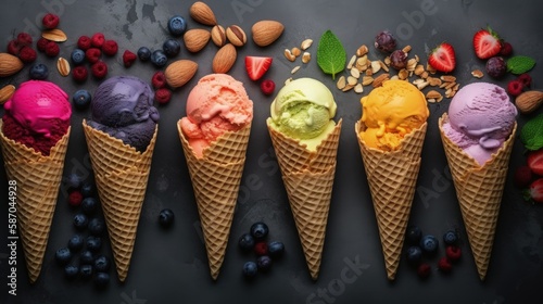 Assorted Ice Cream Flavors on Dark Stone Background for Summer and Sweet Menu Concept. Generative AI.