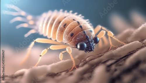 Macro Head lice louse on human hair. AI generation photo