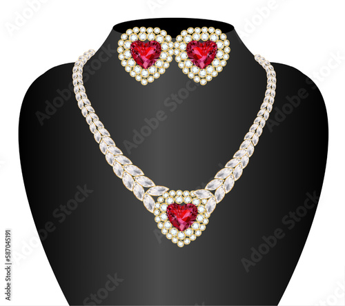 Illustration of women's necklace and earrings with ruby ​​heart