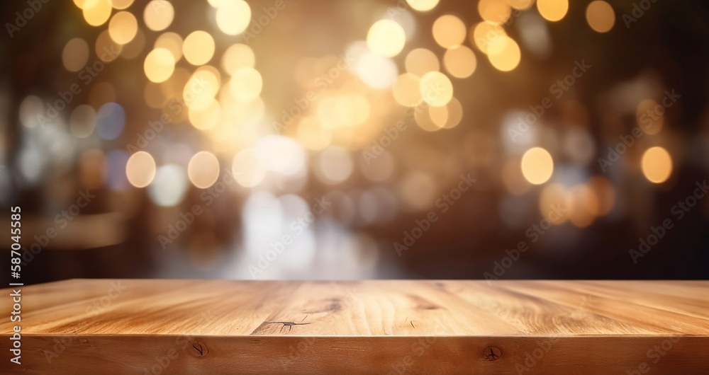 Abstract Blurred Cafe Background: Empty Wooden Table Top with Bokeh and Blank Space for Product on Restaurant Desk