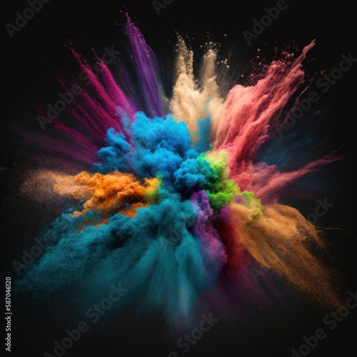 Colored powder explosion. Abstract closeup dust on backdrop. Colorful explode. Paint holi. Generative Ai