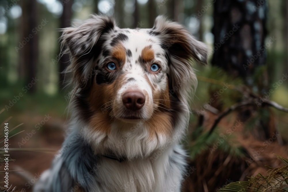 Naturalistic portrait of an Australian Shepherd dog in a pine woodland against a blue sky. Aussi on a summer afternoon walk through the woods on the route. a canine with blue eyes. Generative AI