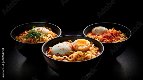 Korean style instant noodle  Shin Ramyeon with minced meat  kimchi  tofu cheese  shiitake mushrooms. Generative Ai