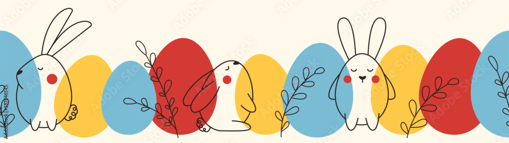 Fototapeta premium Happy Easter modern and colorful seamless pattern. Vector template for a banner, poster or flyer. Design with Easter eggs, bunnies, leaves