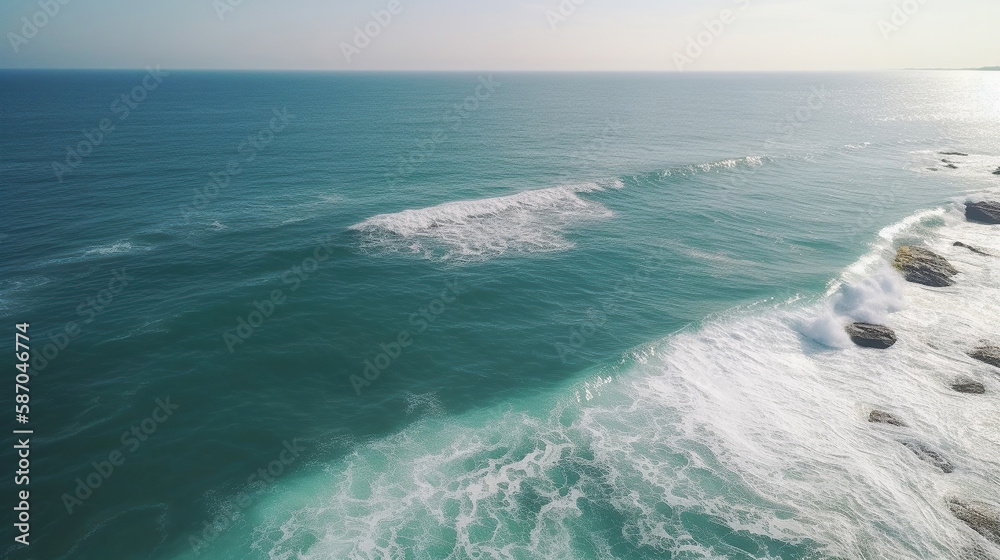 Fototapeta premium Summer seascape beautiful waves, blue sea water in sunny day. Generative Ai