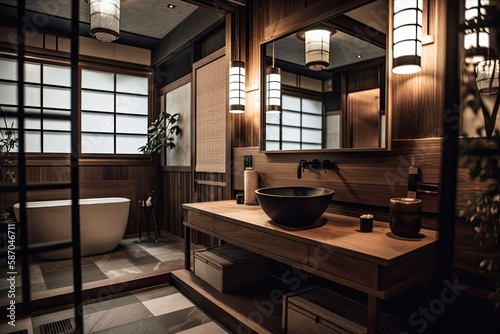 White and dark farmhouse bathroom close up. Mirrored wooden washbasin. Paper door  carpet  tiles  and decor. Japanese interiors. Generative AI