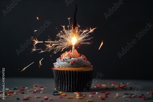  a cupcake with a sparkler sticking out of it's center surrounded by confetti and sprinkles on a dark background.  generative ai