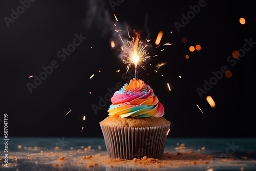  a cupcake with sprinkles and a lit candle sticking out of it on a table with confetti sprinkles.  generative ai