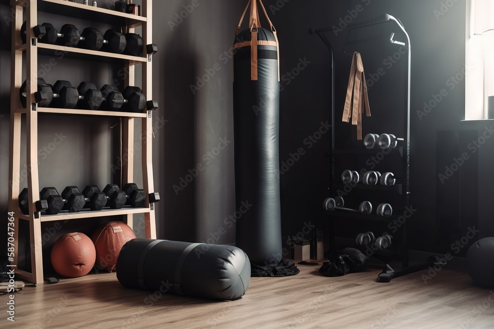 a gym with a punching bag, punching bag, and a punching bag in the