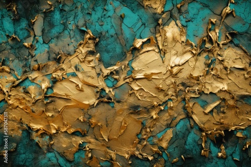  a painting with gold paint on a blue background with gold leafy leaves on it's edges and a blue background with gold leafy leaves on it's edges.  generative ai