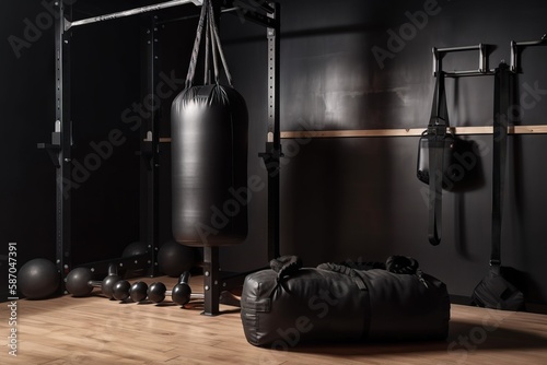  a gym with a punching bag, punching bag, punching bag, and punching gloves on the floor of the gym area, with a black wall and wooden floor.  generative ai