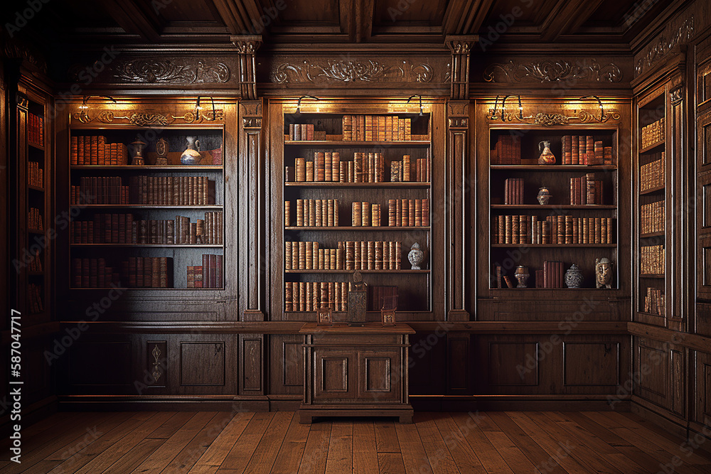 Cenário de estante de madeira antiga para biblioteca de estudo - obrazy, fototapety, plakaty 