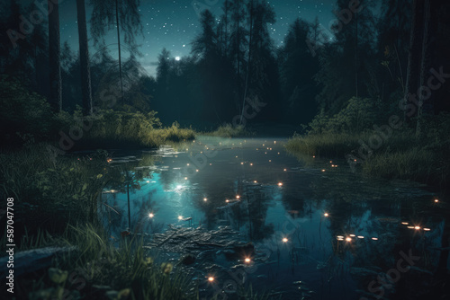 Bioluminescence over a pond in a forest at dusk with lots fireflies over the water and shore, generative AI photo