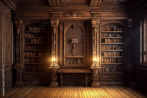 Obraz na płótnie Cenário de estante de madeira antiga para biblioteca de estudo
