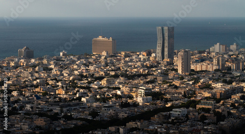 Tel Aviv sunset view, seacoast, aerial panorama