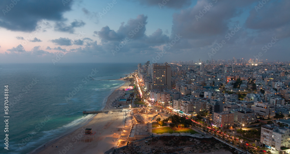 Bat Yam, Tel Aviv, Israel aerial panorama, sandy beach. Sea coast, suburb