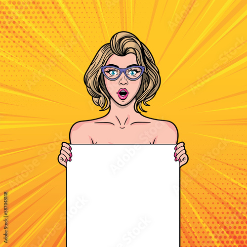 Sexy young blonde woman with wide open eyes wearing glasses holding a blank board for your proposal. Vector illustration in pop art style.