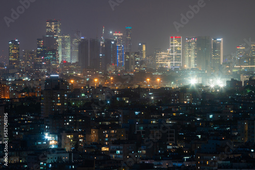 Tel Aviv city  Israel night panorama. Modern view of Gush Dan and suburbs. Jaffa  Ramat Gan and Bat Yam streets