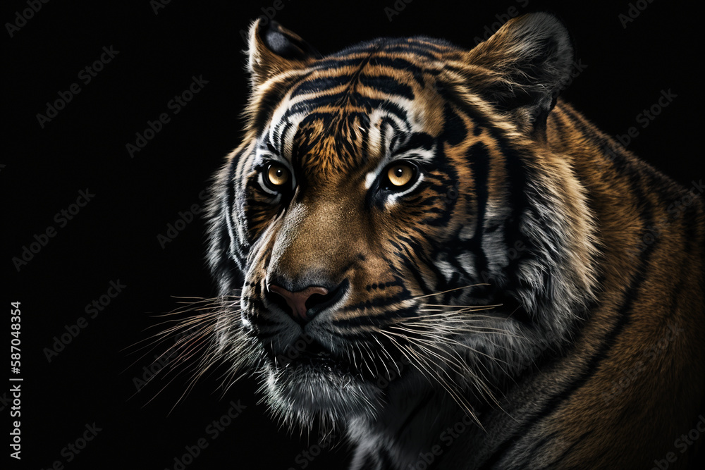 Portrait of a tiger with a ferocious look on a black background. Generative AI. Portrait of a tiger with a ferocious look on a black background. Generative AI.