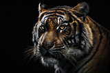Portrait of a tiger with a ferocious look on a black background. Generative AI.