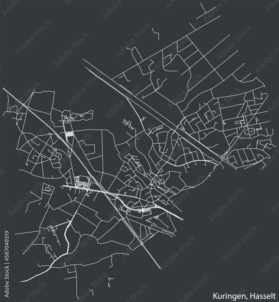 Detailed hand-drawn navigational urban street roads map of the KURINGEN MUNICIPALITY of the Belgian city of HASSELT, Belgium with vivid road lines and name tag on solid background