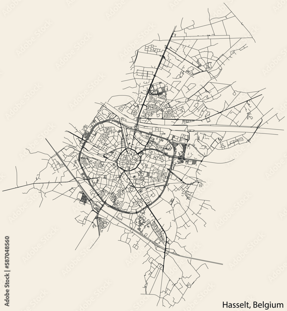 Detailed hand-drawn navigational urban street roads map of the HASSELT MUNICIPALITY of the Belgian city of HASSELT, Belgium with vivid road lines and name tag on solid background