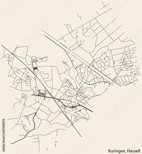Detailed hand-drawn navigational urban street roads map of the KURINGEN MUNICIPALITY of the Belgian city of HASSELT, Belgium with vivid road lines and name tag on solid background