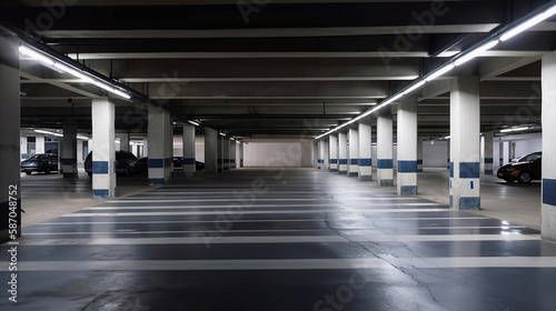 Empty shopping mall underground parking lot or garage interior with concrete stripe painted columns. Generative Ai