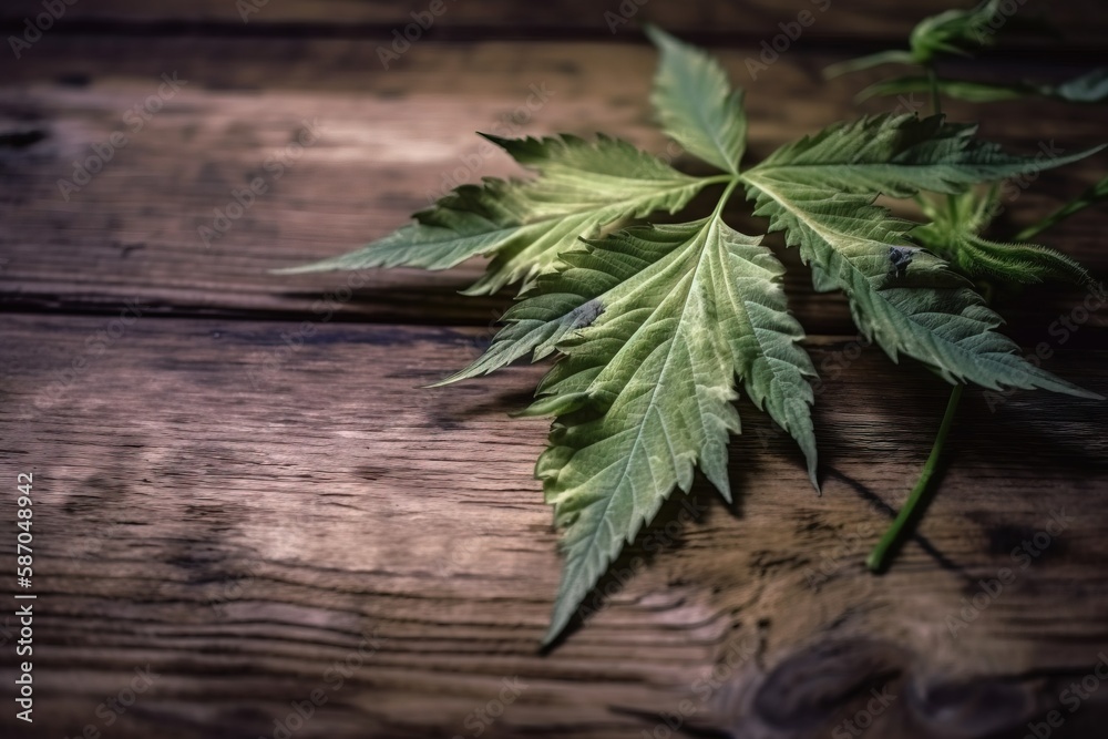 a green leaf laying on top of a wooden table next to a knife and a knife blade on top of a wooden table next to a leaf. generative ai a green leaf laying on top of a wooden table next to a knife and a knife blade on top of a wooden table next to a leaf. generative ai