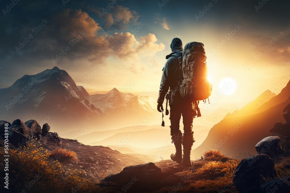 Hiker goes against sky and sun. Hiking concept. backside photo of a Hiker facing the mountain, Generative AI