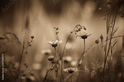  a black and white photo of wildflowers in a field of tall grass with a blurry background of grass and flowers in the foreground. generative ai