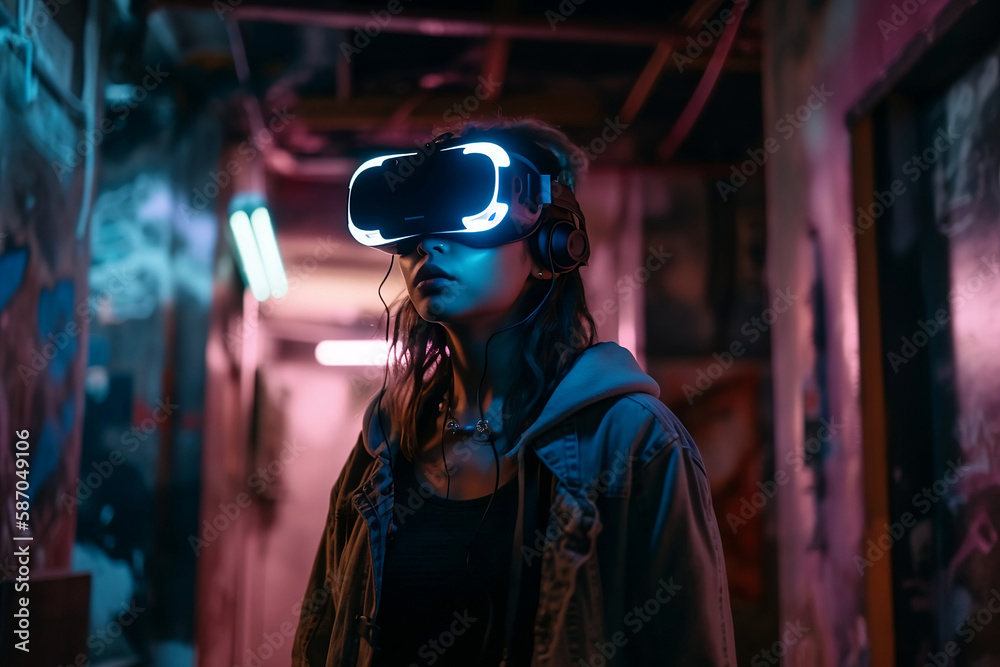 Young woman experiencing VR helmet. Ai generated Young woman experiencing VR helmet. Ai generated