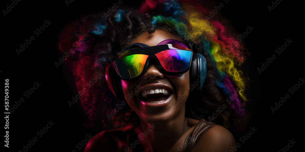 Portrait of an African-American woman in astonishment wearing a virtual reality headset. Vivid colors neon glowing HMD generative ai
