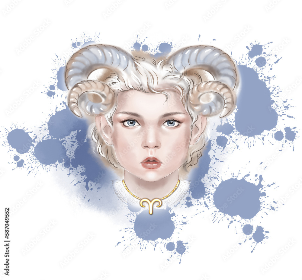 Girl on the zodiac sign Aries. Aries zodiac sign illustration, astrological sign personification, beautiful Aries girl, future prediction, horoscope, alchemy, spirituality, occultism