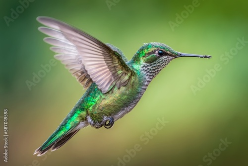 Close up photo of hummingbird flying on green background, generative ai © pham