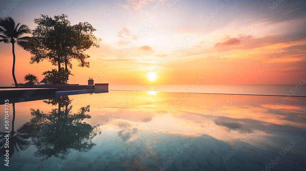 Obraz premium Beautiful poolside and sunset sky with palm trees. Generative Ai