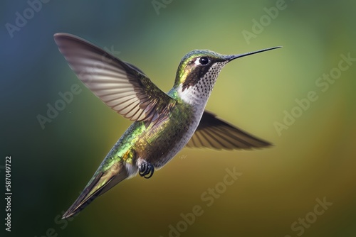 Close up photo of hummingbird flying on green background, generative ai