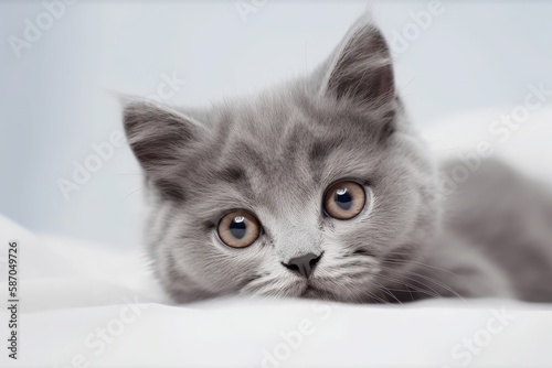 Adorable domestic gray kitten with soft fur is posing while lying on a white blanket. promotion of cat food and care goods from pet stores. kitten against a plain, white background. Generative AI