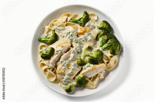 Low Carb Chicken And Broccoli Alfredo On Plate, White Background. Generative AI photo