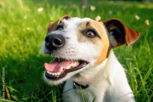actively joyful The Jack Russell Terrier is relaxing on the lawn. close up of a dog's face and eyes. Generative AI © AkuAku