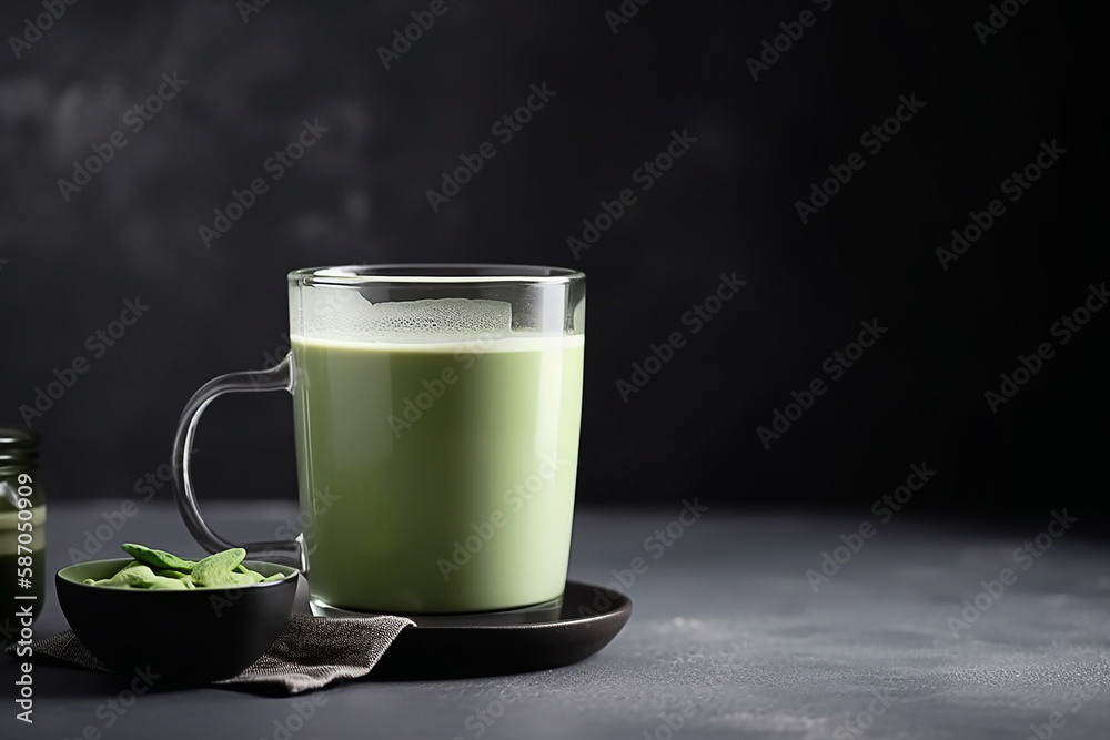 Matcha chá verde com leite em um copo em fundo cinza. Bebida vegana saudável com leite vegetal. Copiar espaço Matcha chá verde com leite em um copo em fundo cinza. Bebida vegana saudável com leite vegetal. Copiar espaço